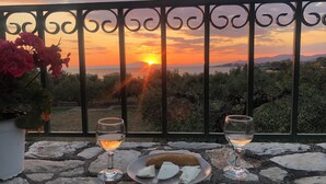 A terrace with a stone table, two glasses of white wine, a plate of cheese, and a potted plant with pink flowers.