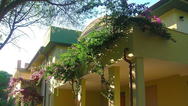 Un edificio amarillo con un porche cubierto, una mesa y sillas, y una planta en maceta.