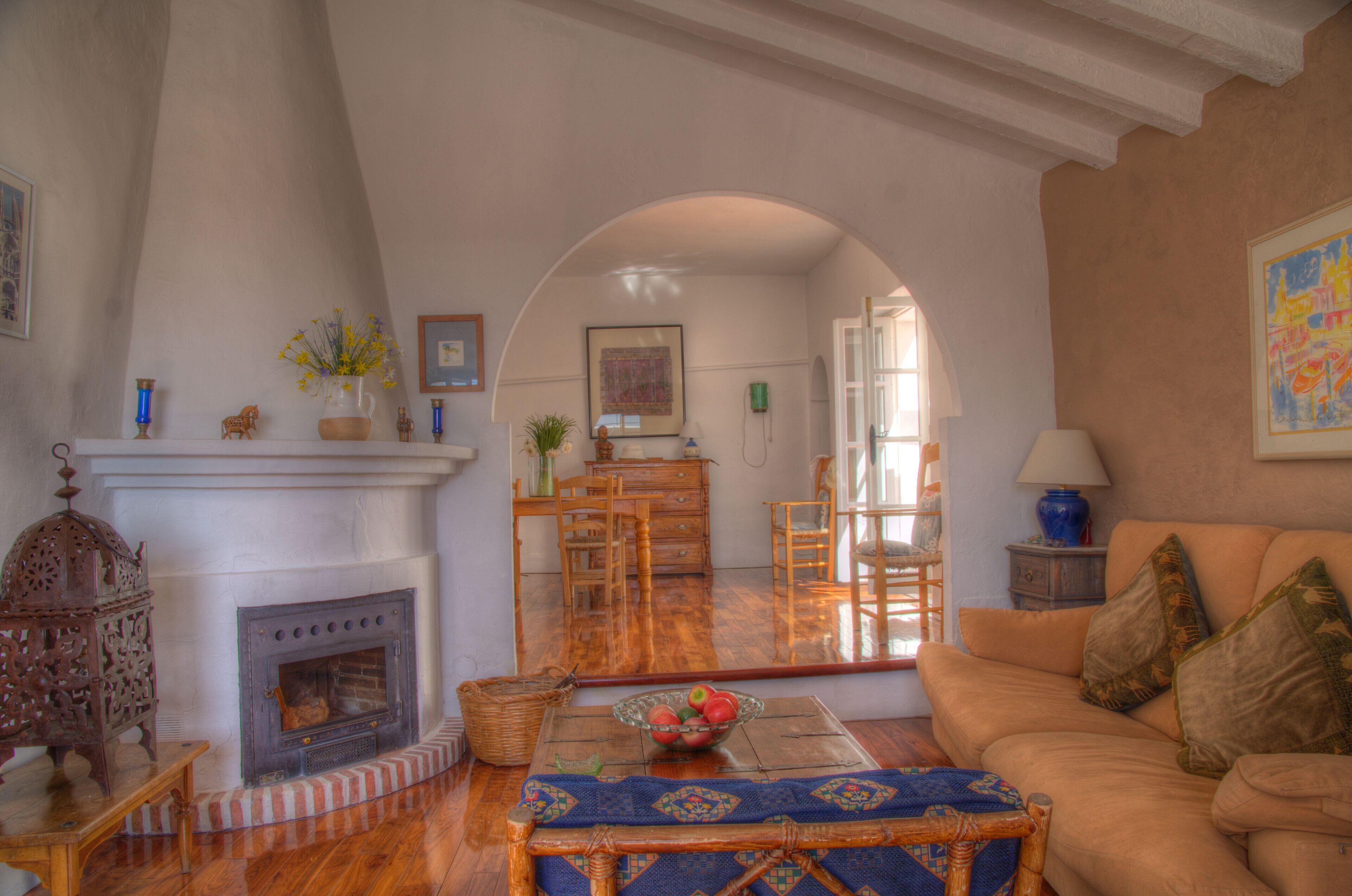 Televisión, chimenea, reproductor de DVD y libros 