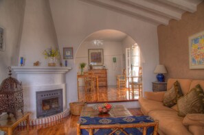 Télévision, cheminée, lecteur de DVD, livres