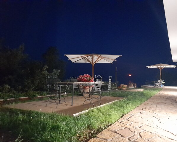 An outdoor patio area with tables and chairs under umbrellas, surrounded by grass and a stone pathway.