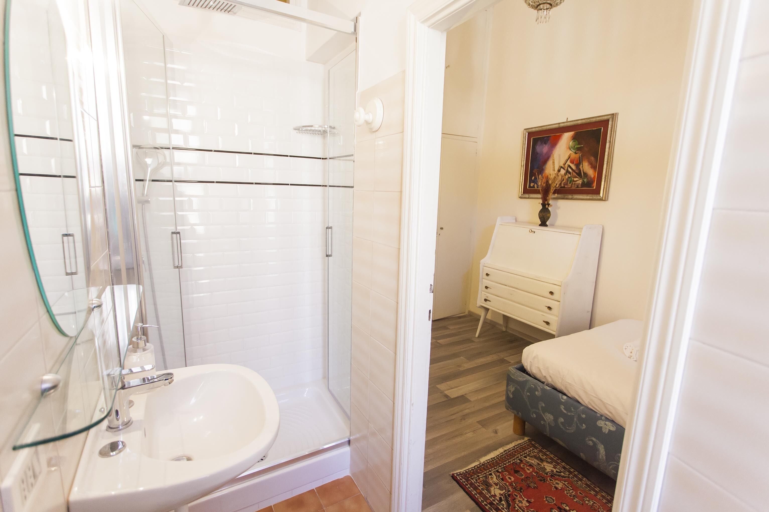 Shower, hair dryer, bidet, towels