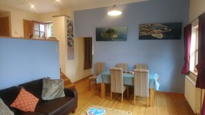 Televisio, DVD-soitin, kirjoja, videokirjasto