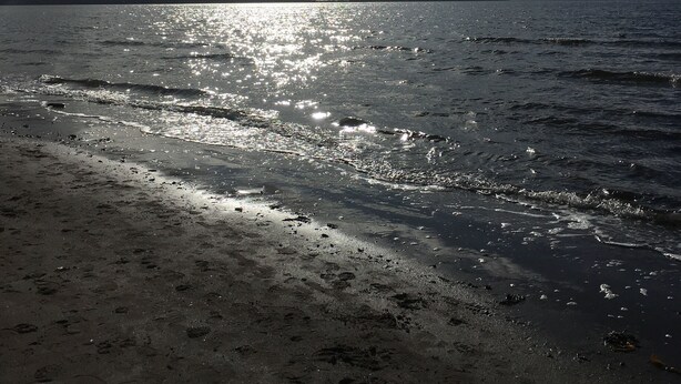 Une plage où la lumière du soleil se reflète sur l’eau, un ciel dégagé et une terre lointaine à l’horizon.