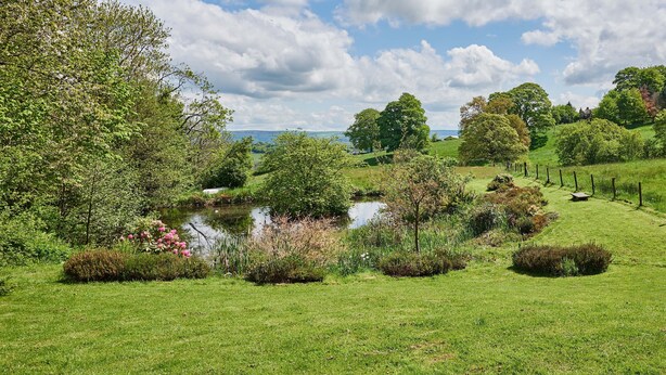 A lush green landscape with a pond, trees, and a fence. - Croft Meadows Farm -  5 bedroom, dog friendly cottage in rural Staffordshire  (Leek)