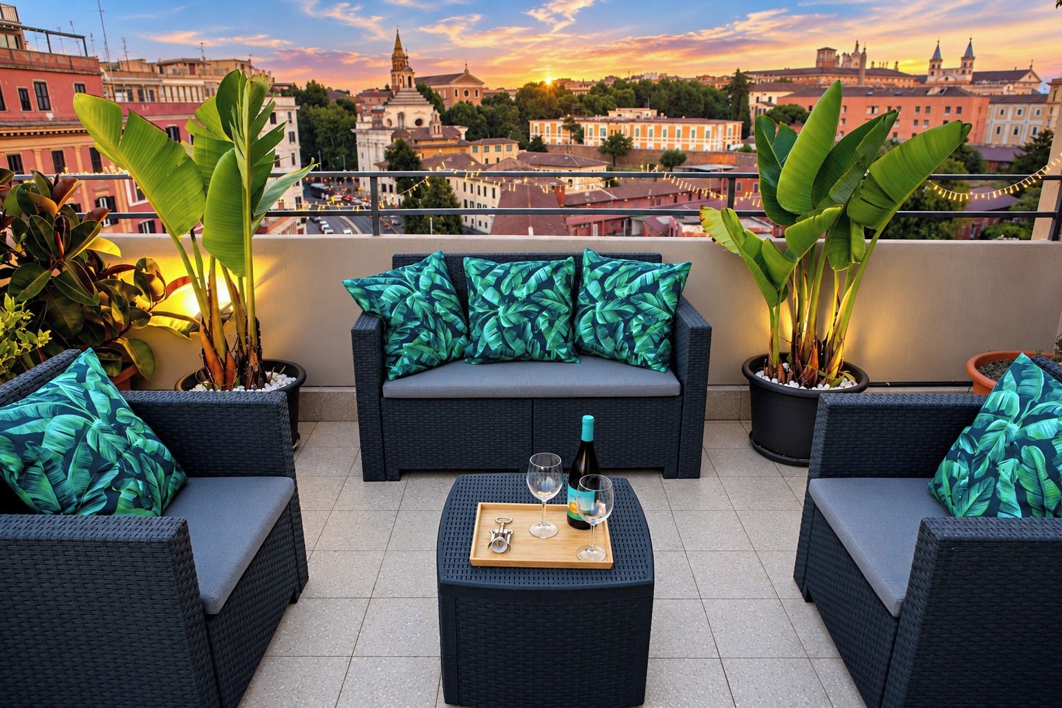 A rooftop terrace with wicker furniture, potted plants, and a city view at sunset.