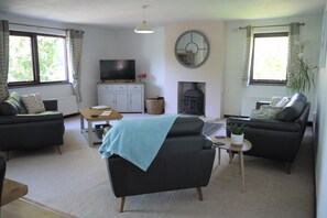 Smart-TV, Kamin, DVD-Player, Bücher