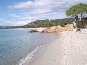 A beach with clear water, a sandy shore, and a sign for 'Kallist Diving.'
