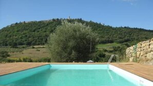 A rectangular swimming pool with a wooden deck, surrounded by a natural landscape with a hill and trees.