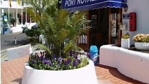 Ein Blumentopf mit Blumen und ein Schild mit der Aufschrift 'PORT ROYALE' vor einem Gebäude.