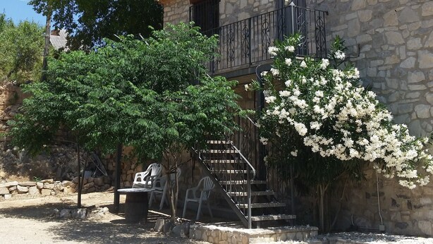 Un edificio de piedra con balcón, escaleras y un árbol en primer plano.
