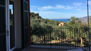 Un balcón con vistas a un paisaje costero, una pérgola de madera y una valla metálica.