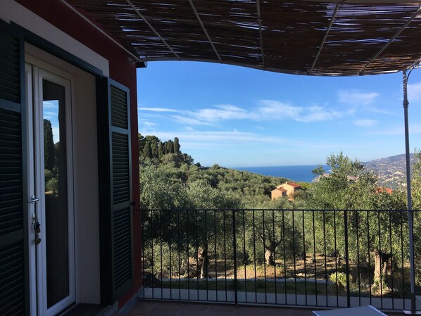 A balcony with a view of a coastal landscape, a wooden pergola, and a metal fence.