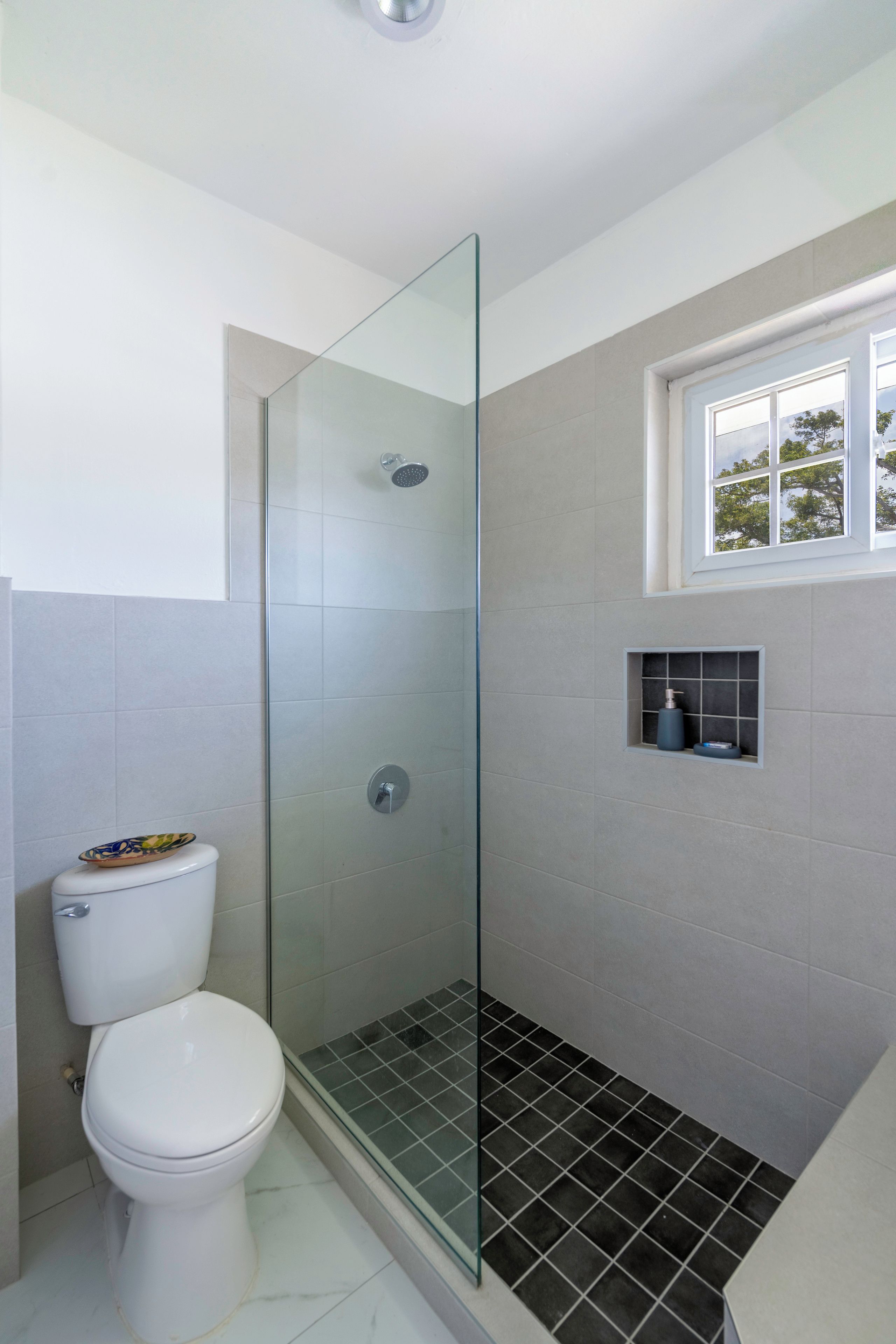 A modern bathroom with a glass shower enclosure, a toilet, and a window with a view of trees.