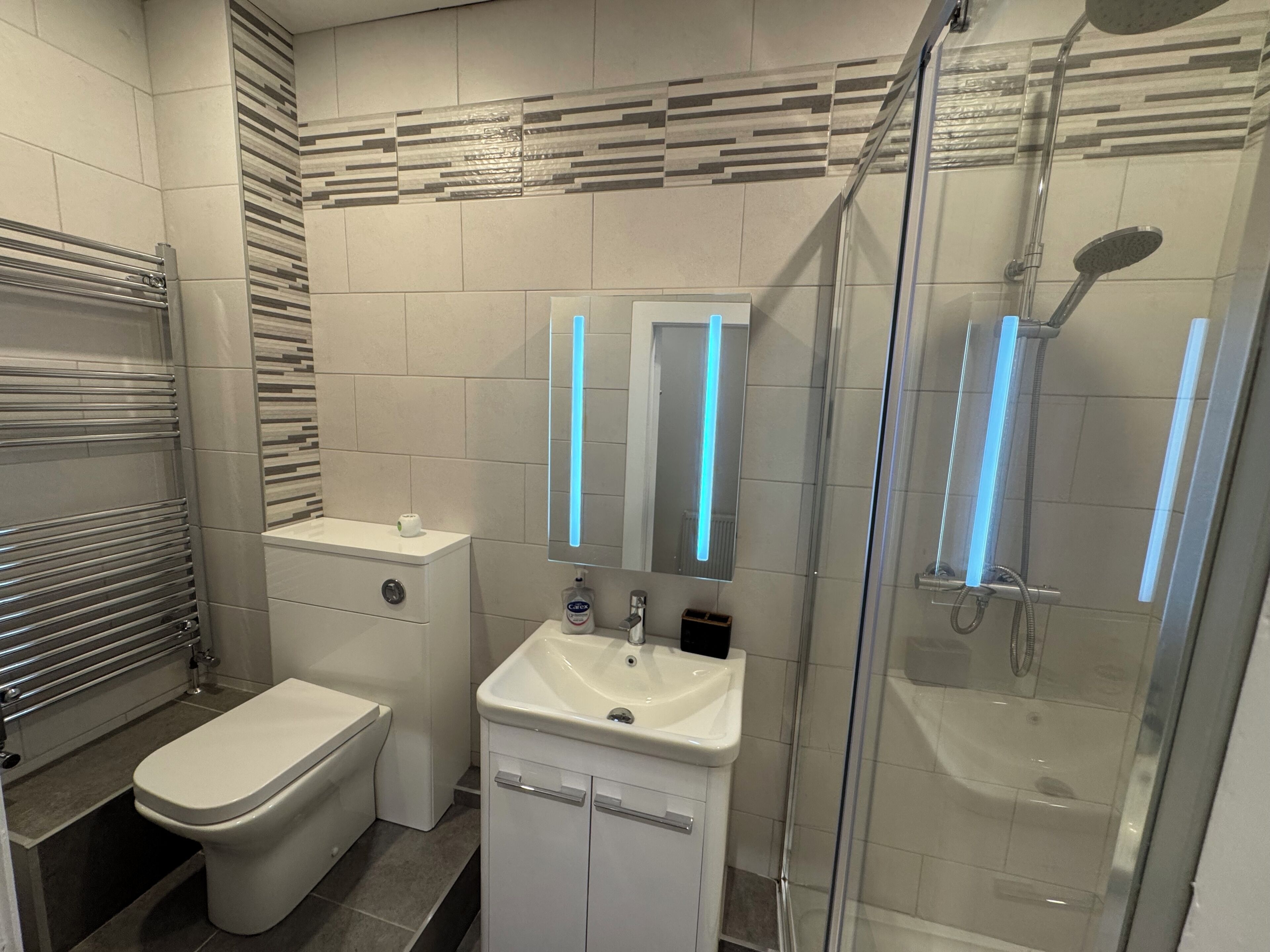 Shower, hair dryer, towels, soap