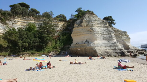 A beach with people sunbathing and relaxing, a large rock formation, and a pier in the background.