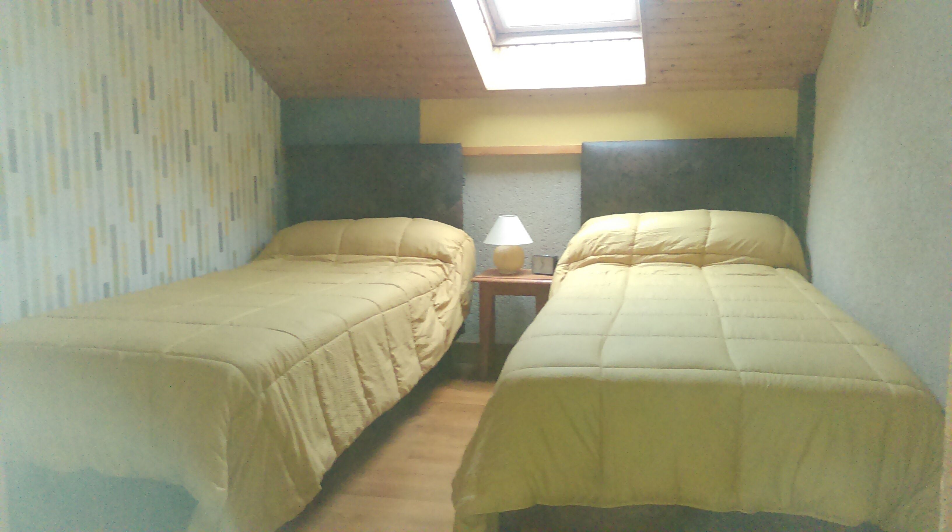A small room with two beds, a nightstand with a lamp, and a window above the beds.