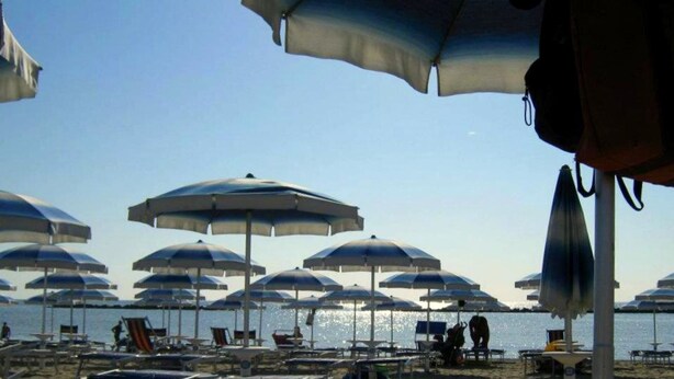 A beach with multiple umbrellas and lounge chairs, indicating a beachside resort setting.