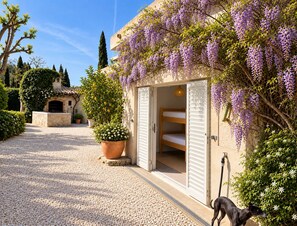 A villa with a gravel driveway, a stone oven, and a dog.