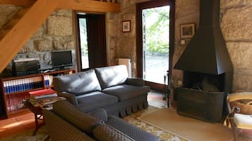 Fernseher, Kamin, DVD-Player, Bücher