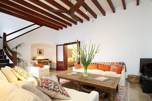 TV, fireplace, books, stereo
