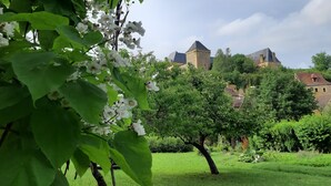 Un jardin luxuriant, avec une grande variété d’arbres et de plantes à fleurs, une pelouse bien entretenue et un bâtiment historique doté d’une tour qui se profile à l’arrière-plan.