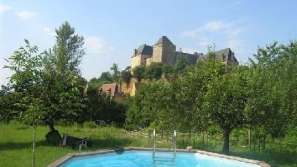 Une piscine avec vue sur un château en arrière-plan.