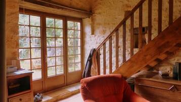 Télévision, cheminée, lecteur de DVD, livres