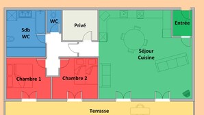 A hotel floor plan with two bedrooms, a private room, a sitting area, a kitchen, and a terrace.