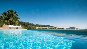 A clear blue swimming pool with a palm tree and a wooden deck in the background. - Panoramic view Grimaud (La Garde-Freinet)