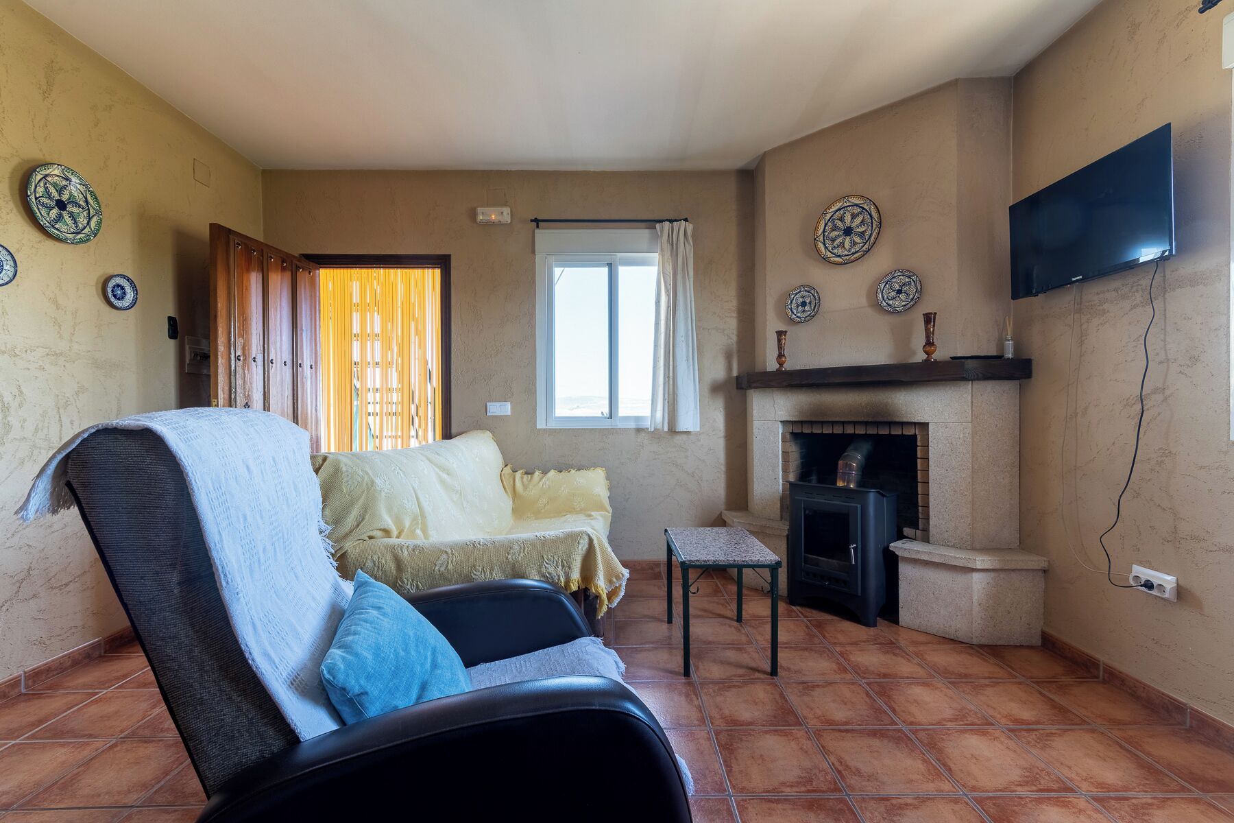 Televisión, chimenea y libros 