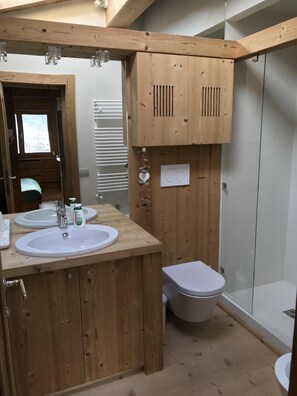 Combined shower/tub, hair dryer, bidet, towels