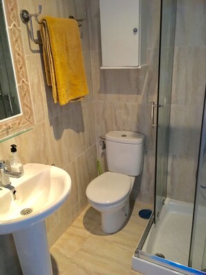 Combined shower/bathtub, hair dryer, towels, soap