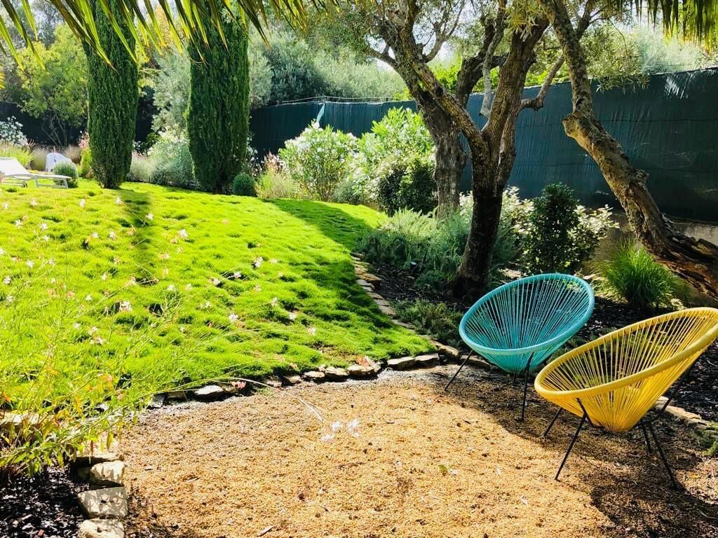 A garden with a lawn, two chairs, and a tree.