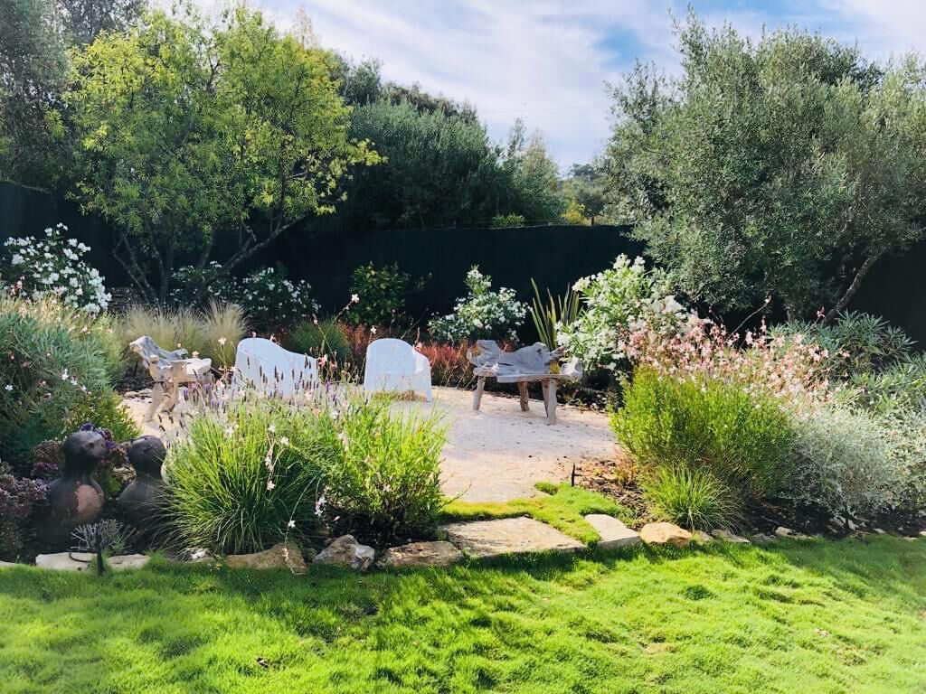 Un jardin avec un chemin de pierres, différentes plantes et une structure blanche.