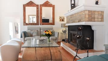 Televisio, takka, DVD-soitin, kirjoja