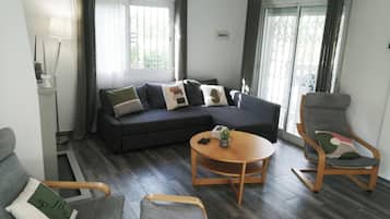 Smart TV, fireplace, DVD player, books