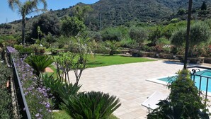 A pool area with a tiled deck, surrounded by various plants and a mountainous backdrop.