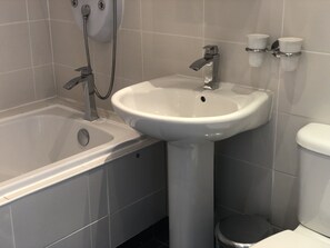 Combined shower/bathtub, hair dryer, towels, toilet paper