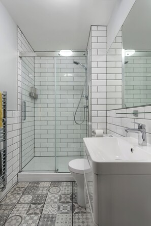 Combined shower/tub, free toiletries, hair dryer, towels