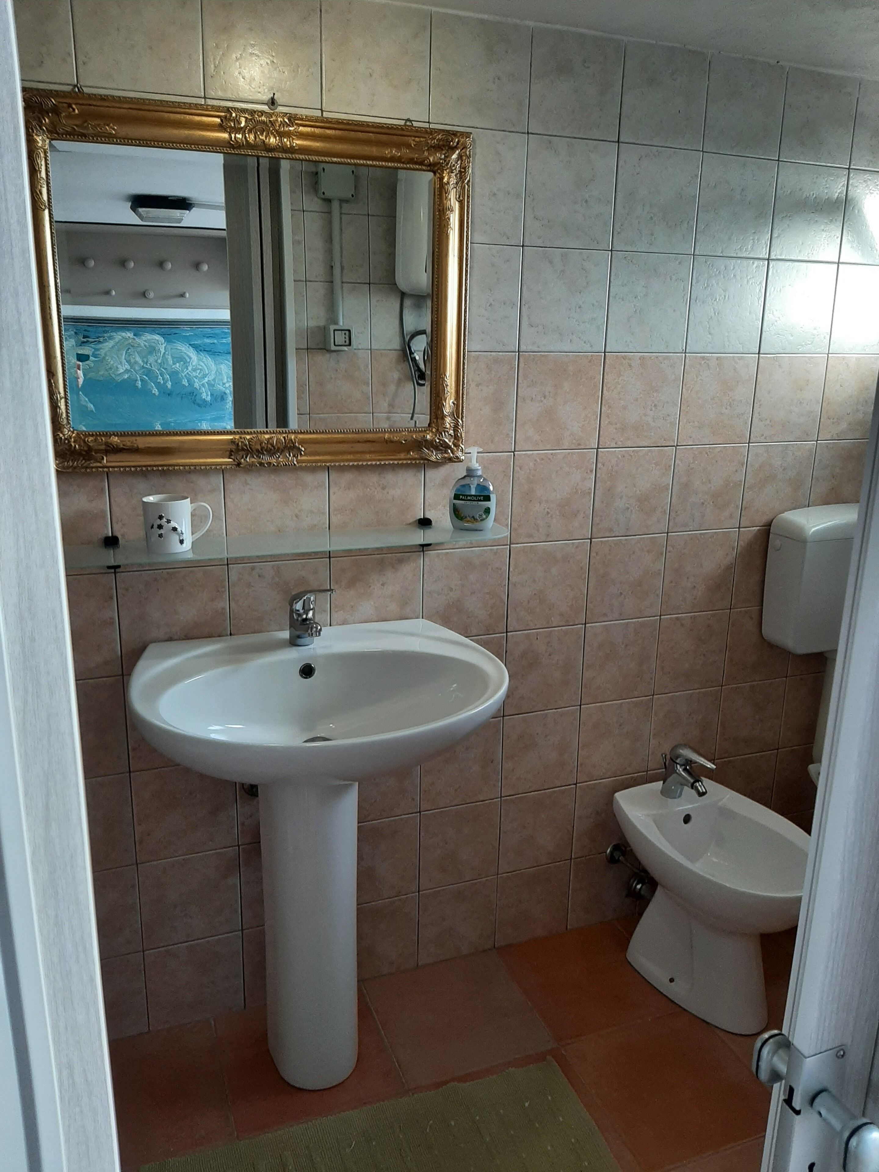 A bathroom with a white sink, a bidet, a mirror with an ornate frame, and a shelf with toiletries.
