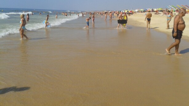 Een druk strand met mensen die wandelen en zwemmen.