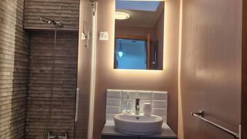 Combined shower/bathtub, hair dryer, towels, toilet paper