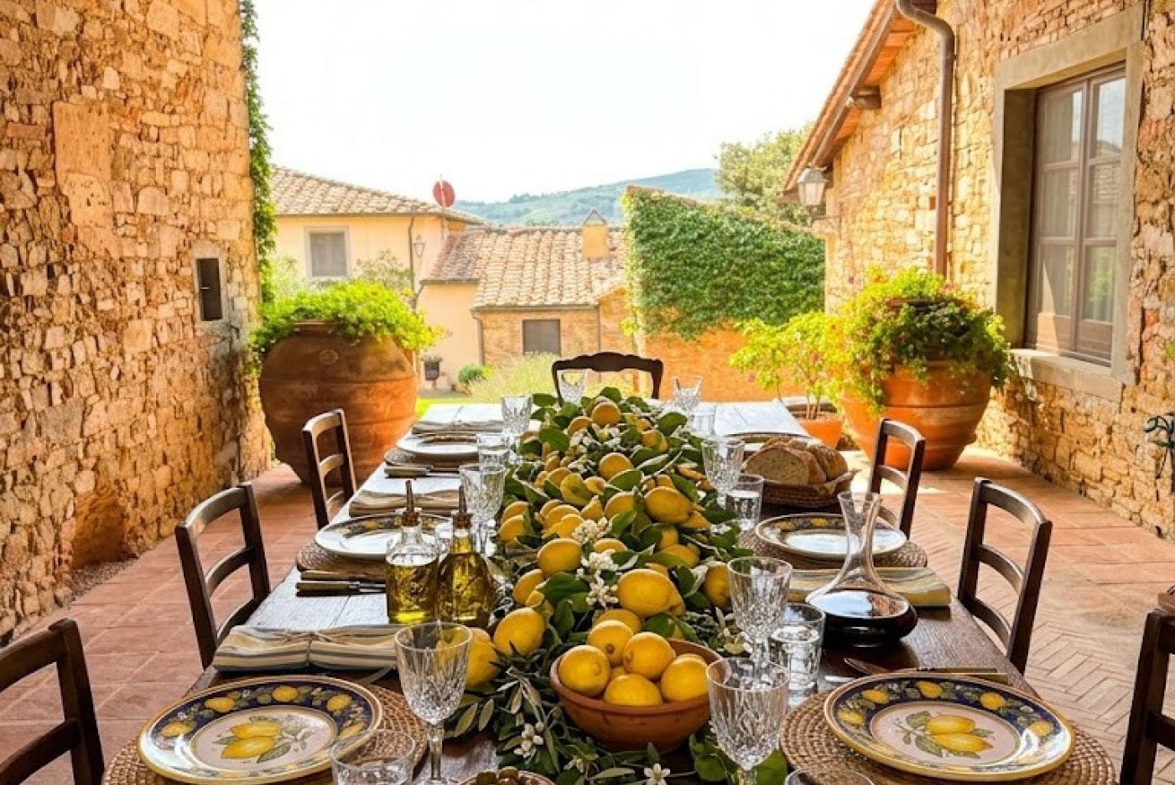 A table set for dining with a view of a stone building and greenery.