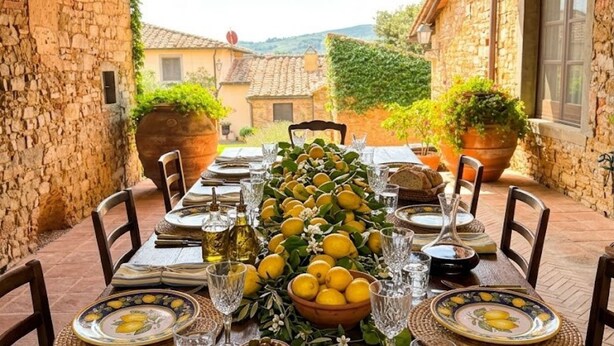 A table set for dining with a view of a stone building and greenery.