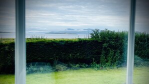 Una ventana con vista a un jardín césped y un seto.