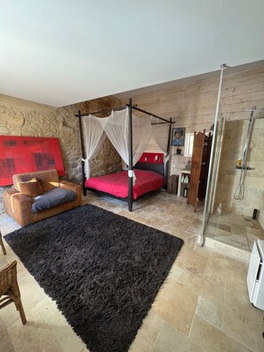 Une chambre à coucher avec un lit à baldaquin, un canapé rouge, un tapis noir et un espace douche.