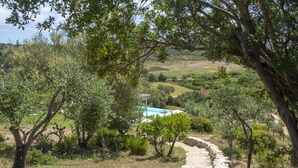 A stone pathway leading through a lush landscape with trees and a view of a building in the distance. - La Casa di Alice Turchese (Olbia)