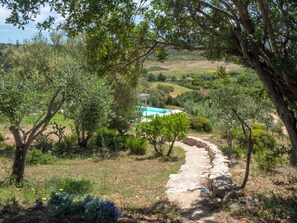 Un sentier de pierres serpente à travers un paysage luxuriant, bordé d’arbres, et offre une vue sur un bâtiment situé au loin.