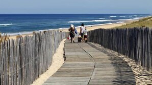 Ein hölzerner Steg führt zu einem Strand mit freiem Blick auf den Ozean.